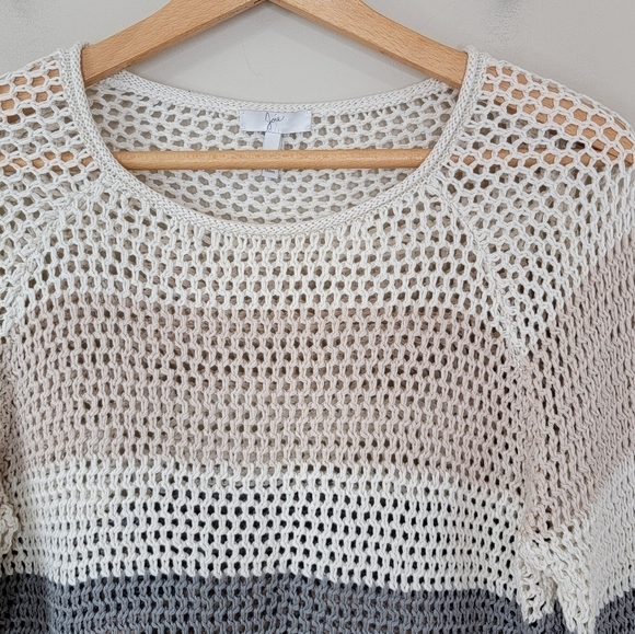 Joie | Tan Gray Pale Pink Cream Stripe Open Knit 100% Cotton Sweater Size Medium - Picture 3 of 4